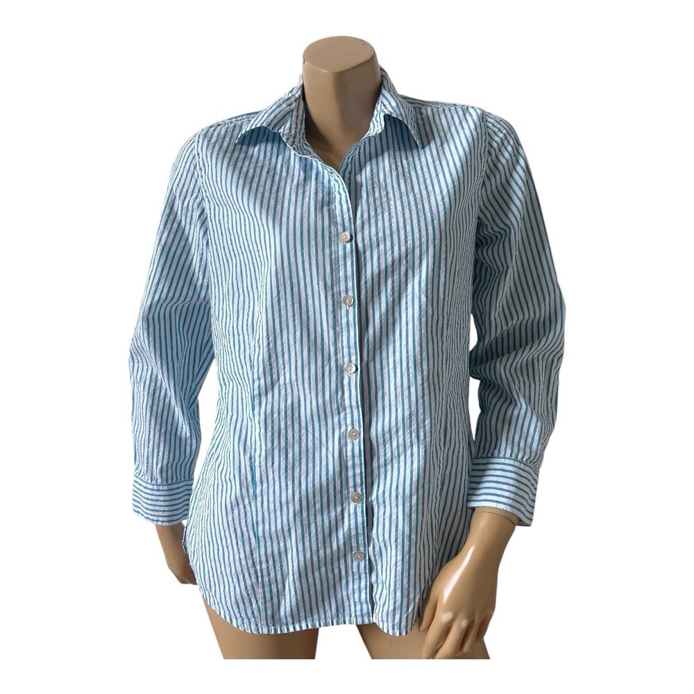 Chicos Button Down Shirt Womens 1 US Medium Blue White Striped Long Sleeve